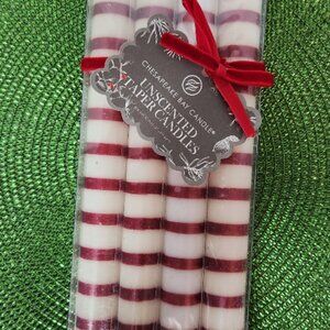 NIB Chesapeake Bay 4-pack of Unscented Taper White/Red Striped Candles